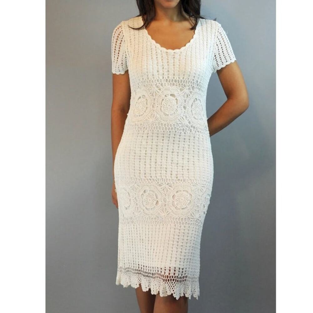 Kroshetta by Papillon‎ Crochet Knit Dress Size M White Lace Open Weave Boho